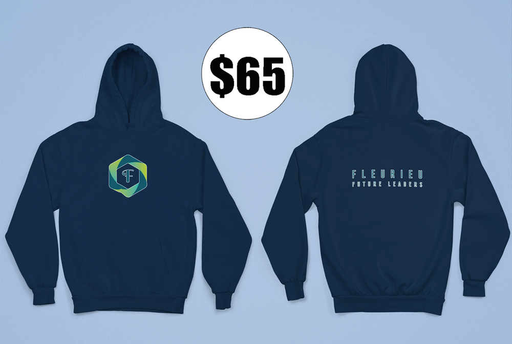 Navy Fleurieu Future Leaders hoodie, front and back, as pictured by Plus Printing