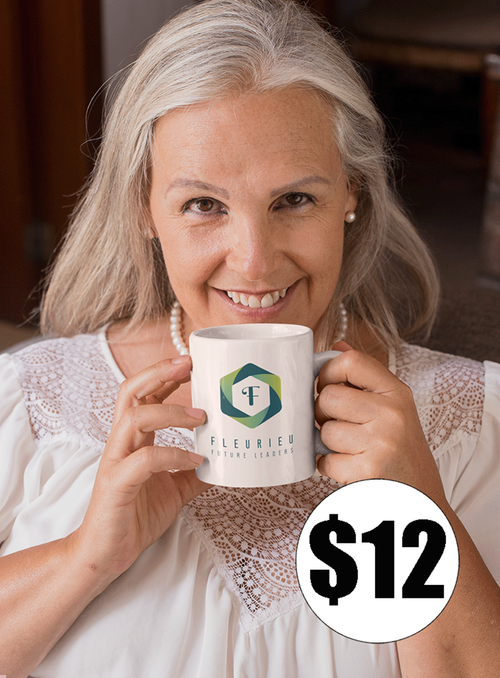 White Fleurieu Future Leaders mug pictured by Plus Printing