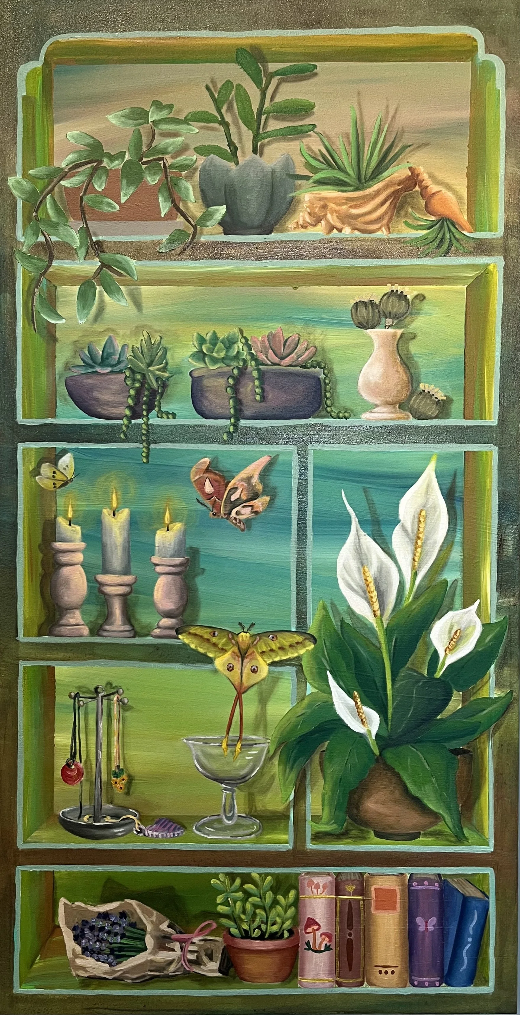 "Botanical Keepsakes", Acrylic on canvas, 2025