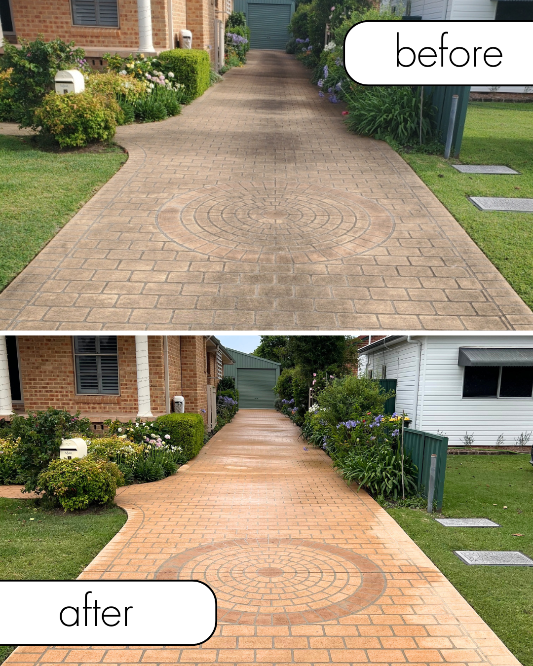 Comparison of a driveway before and after cleaning and sealing, showing a section with dirty, darker bricks in the 'before' image and clean, brighter bricks in the 'after' image with improved color and appearance.