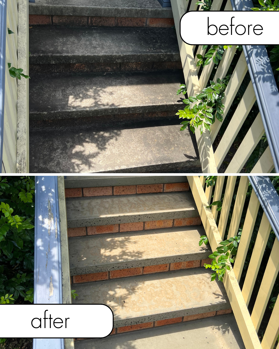 Comparison of outdoor stairs before and after cleaning or renovation. The 'before' photo shows dark, stained steps with debris, while the 'after' photo shows clean, light-colored steps with some shadows, greenery on the sides, and brick details at th