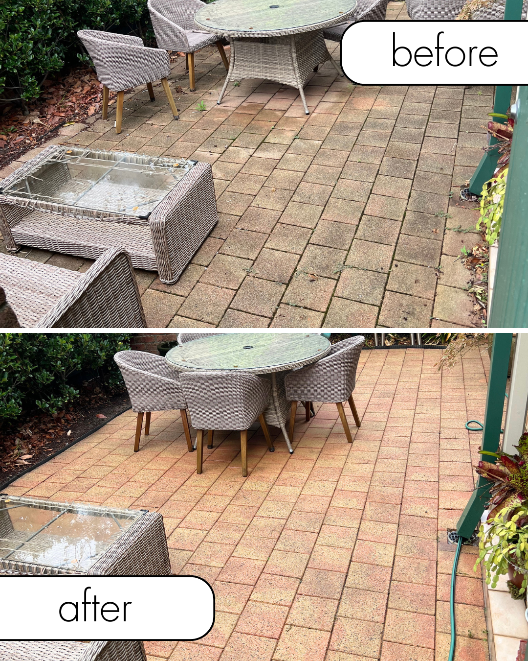 Comparison of a patio surface before and after cleaning. Before image shows stained and dirty brick pavers, while after image shows clean, bright brick pavers.