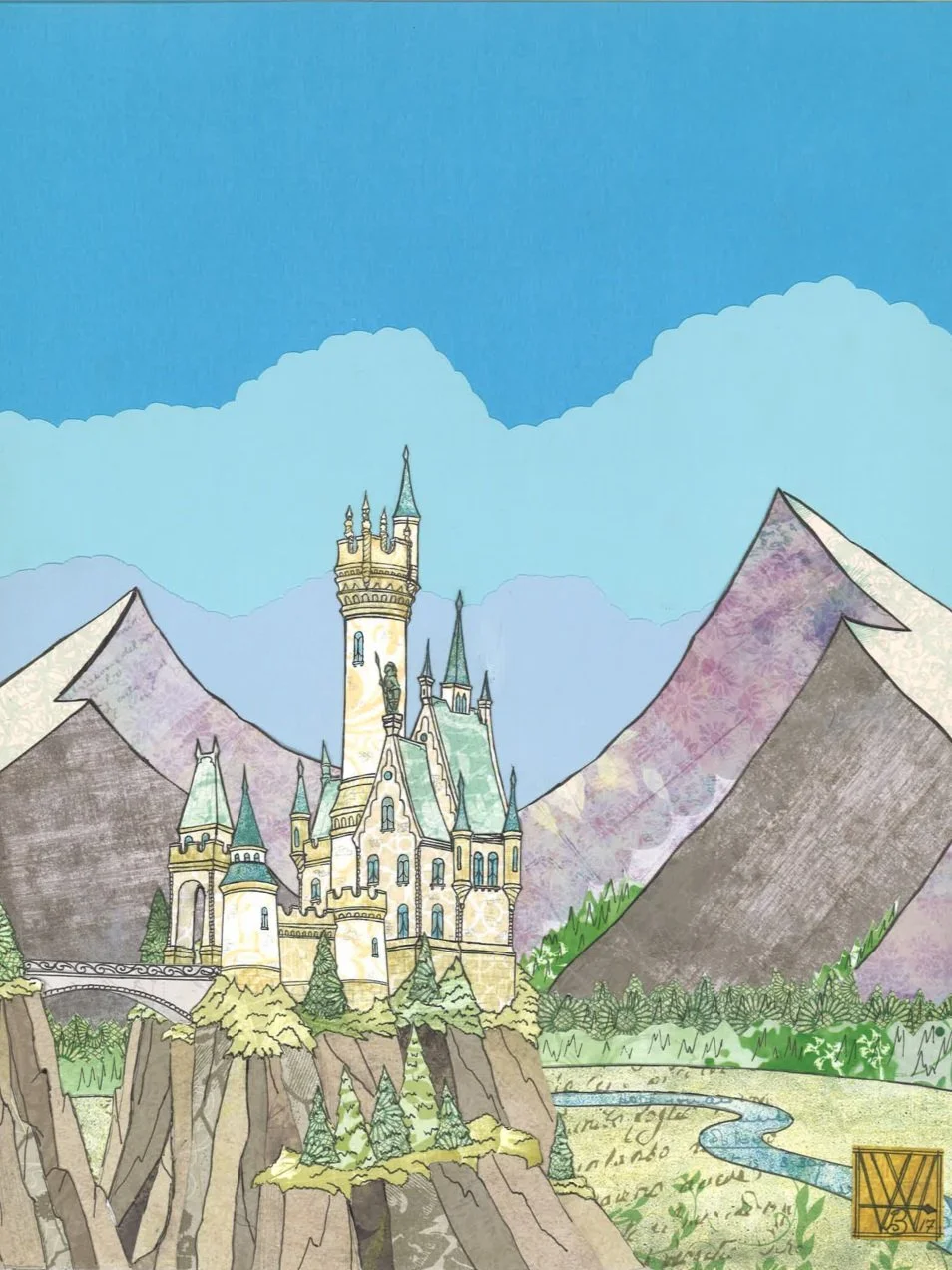 Paper Collage Castle, made from 100 pieces of paper, 11" x 14"