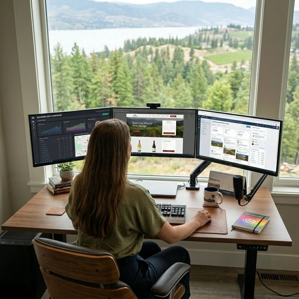Woman working at a desk with three monitors displaying data and website pages, in front of a large window with a scenic view of a forest and mountains.