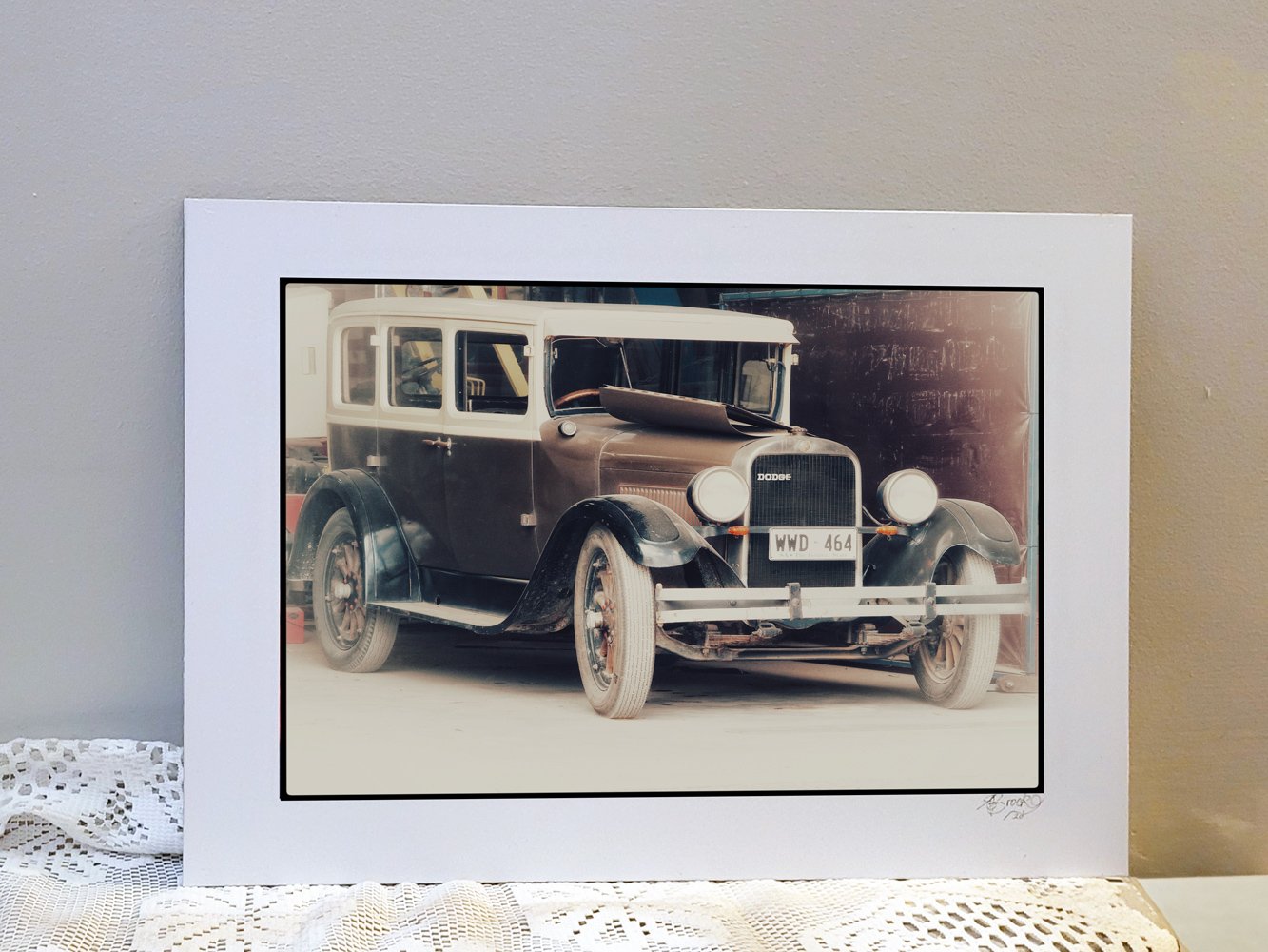 Metal Backed photograph of a vintage 1928 Dodge Sedan Tourer
