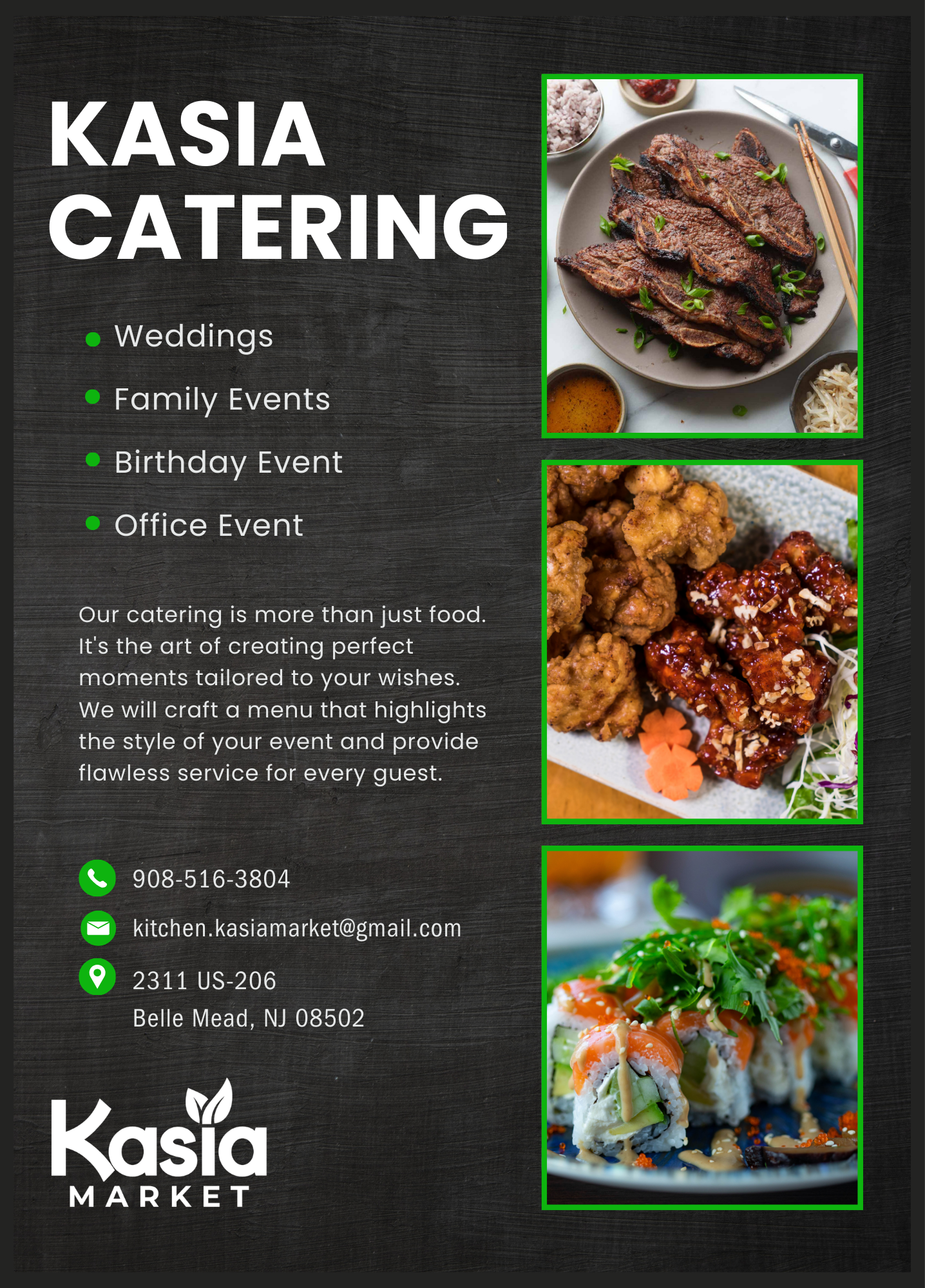 Various Korean dishes on wooden serving trays, including marinated meat topped with green onions and sesame seeds, and seasoned beef with onions. The scene appears to be in a Korean restaurant or market.