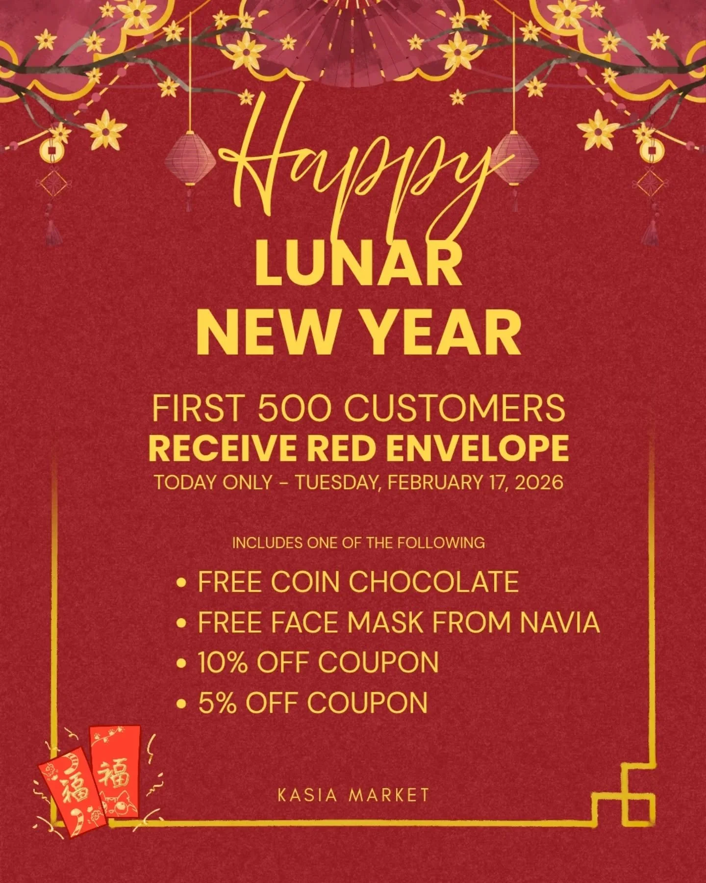 Celebrate Lunar New Year with us! 🧧 Stop by Kasia Market for a little extra luck.