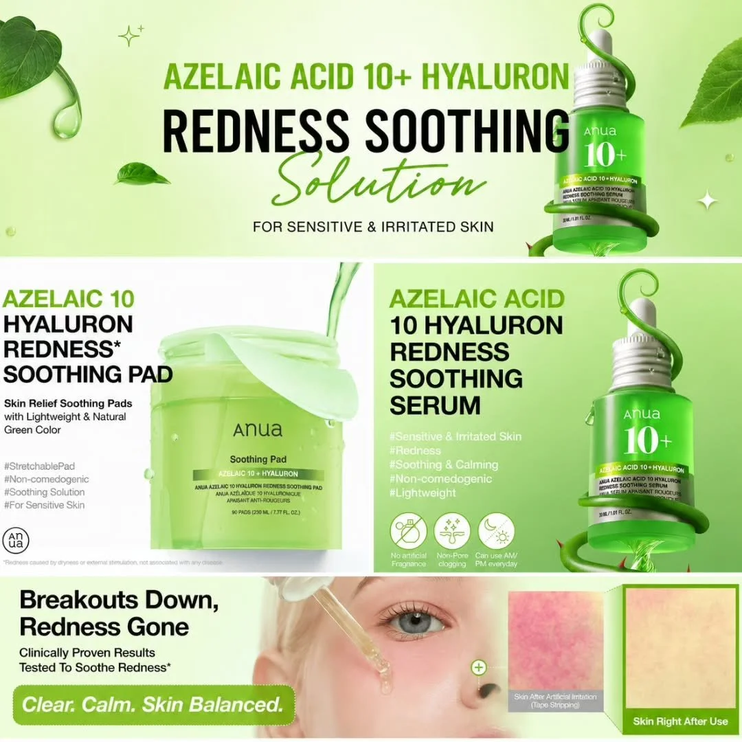 ✨ Calm irritated skin with Anua&rsquo;s new Azelaic Acid line 💚

Now available in our shop &amp; online!

Say goodbye to redness and hello to balanced, hydrated skin.

Featuring:
&bull; Azelaic Acid 10 Hyaluron Redness Soothing Serum
&bull; Azelaic 