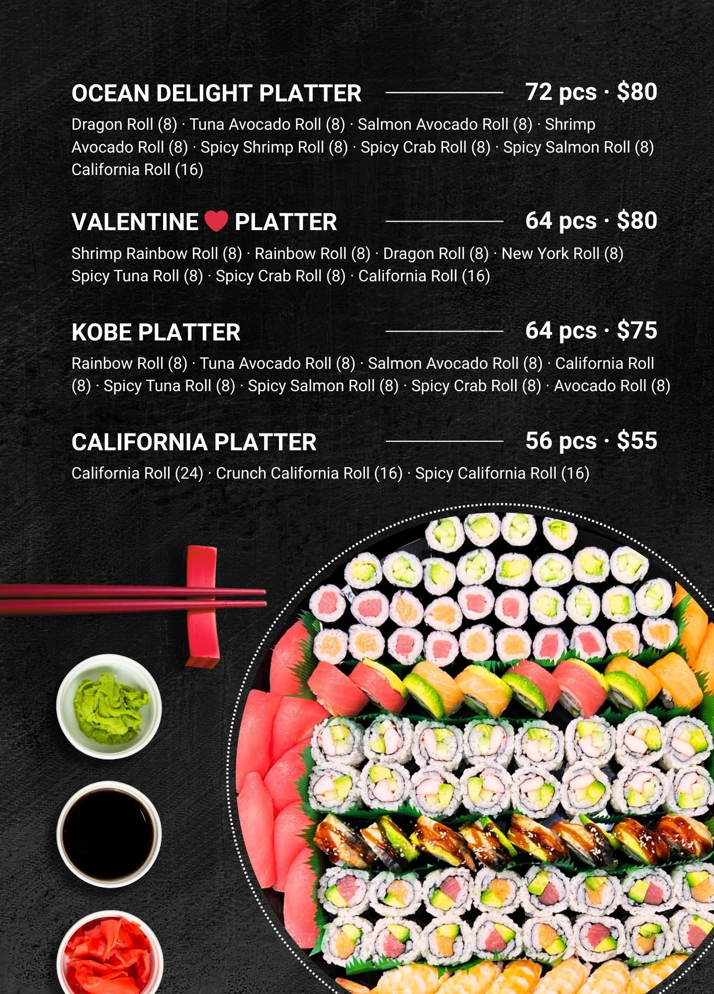 Sushi platter menu listing various sushi rolls with prices and quantities, featuring images of sushi rolls, wasabi, soy sauce, ginger, and chopsticks.