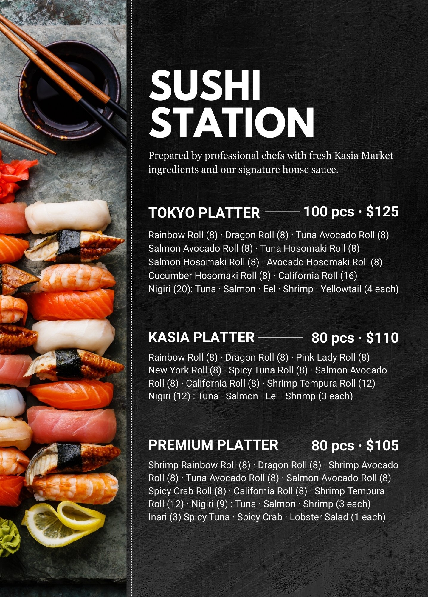 Menu board with sushi options and prices. The left side features assorted sushi pieces and sushi rolls with dipping sauce, garnished with lemon and wasabi. The right side lists three sushi platters: Tokyo, Kasia, and Premium, with descriptions of the