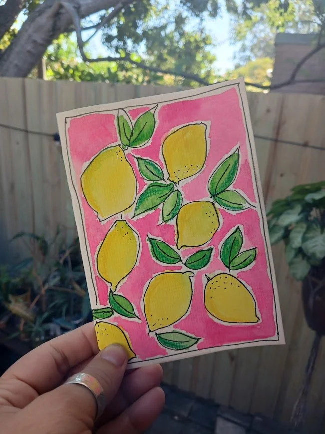 Lemons on pink - handpainted greeing card