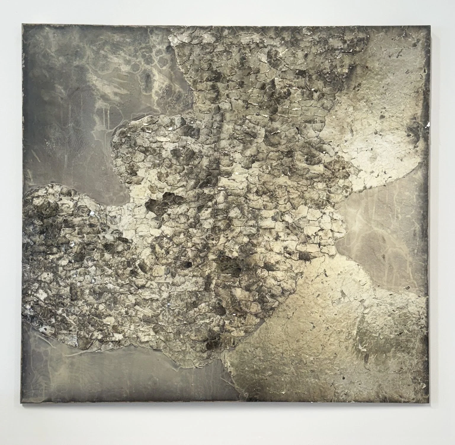 Rosalind, Nephelai, 2025. Mirrored mica on silk, 54 x 50 in.