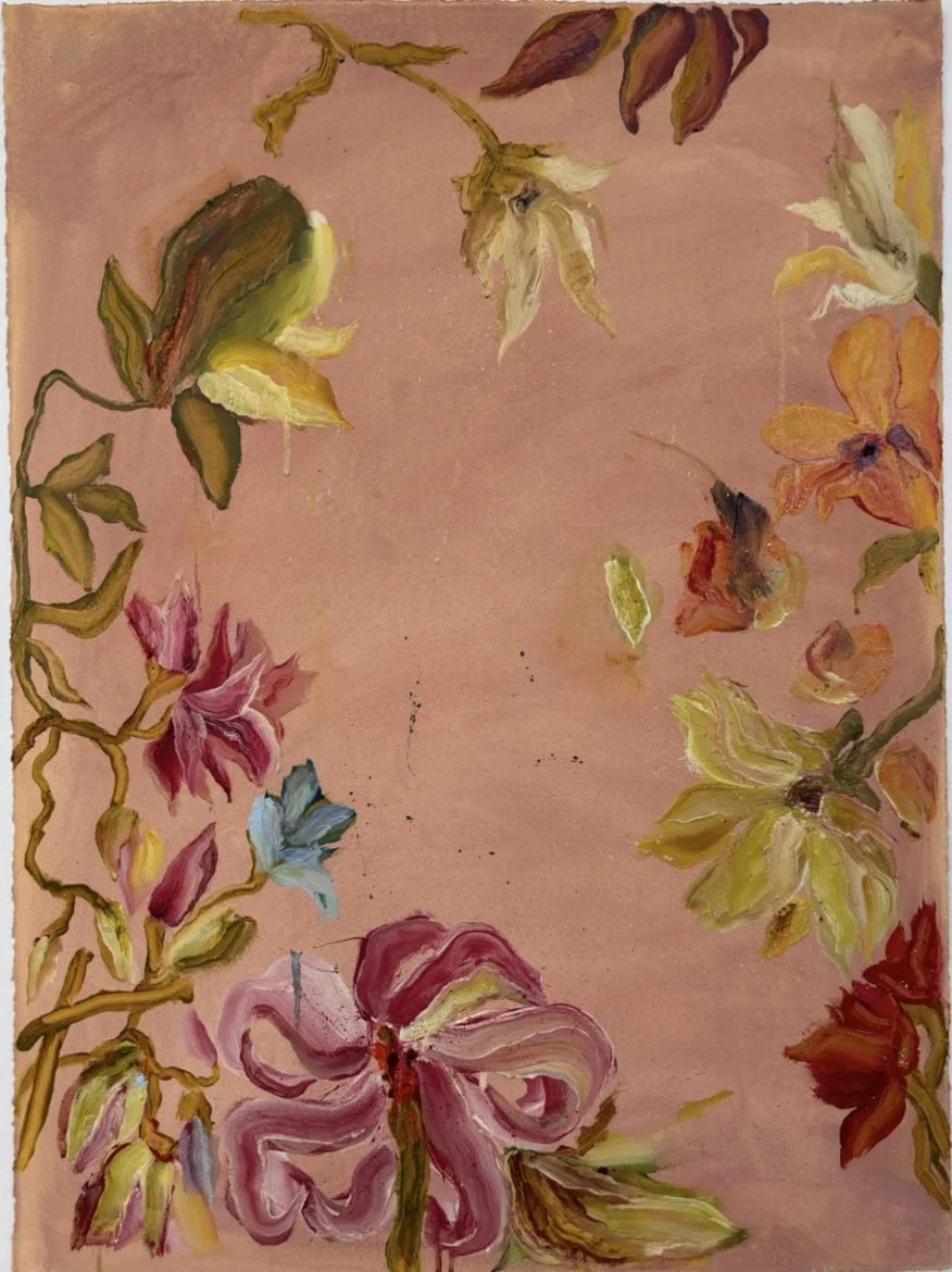 Isabella Innis, Sticky Toffee, 2026. Oil and oil stick on paper with deckled edges, 30 x 22 in.
