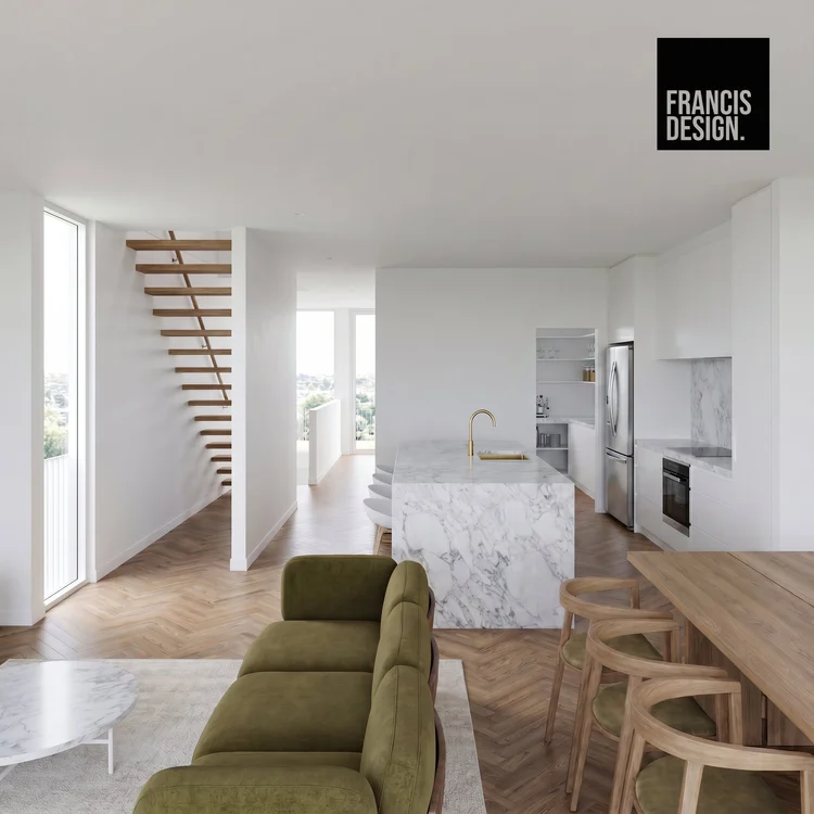 Open-plan kitchen and living area in a duplex designed by Francis Design and developed with CKS Projects