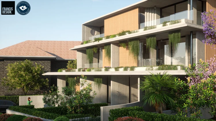 Design render of a stepped multi-level residential building with landscaped balconies