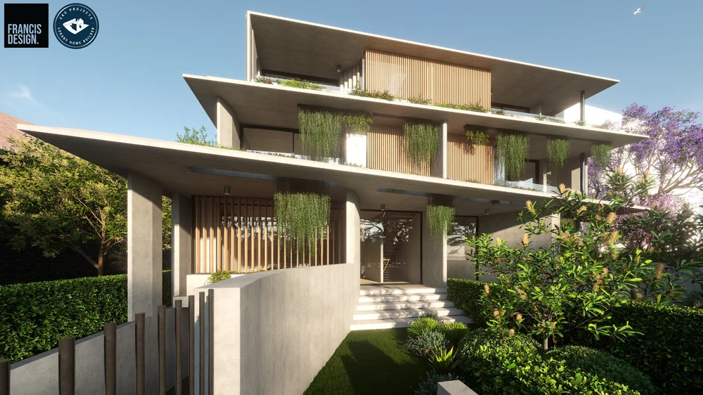 Render: three-level duplex design with planted terraces and timber screens