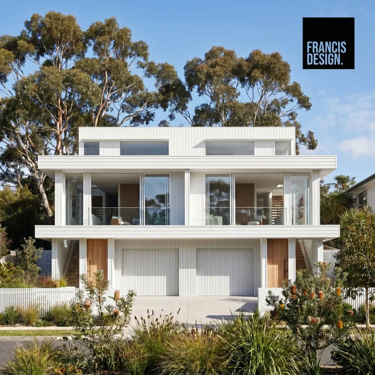 White two-storey duplex with balconies and a landscaped frontage, designed by Francis Design