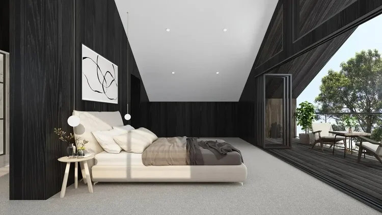 Design render of a bedroom with dark timber walls opening to a garden