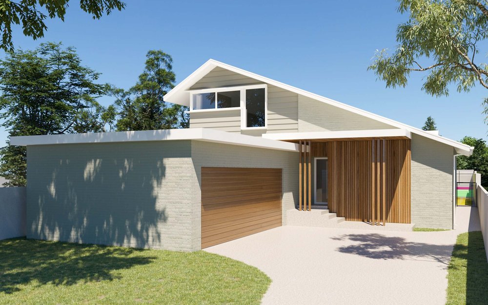 3D render of a single-storey home with a skillion roof, timber garage door and timber battens at the entry, for The Palms, Thirroul, by CKS Projects