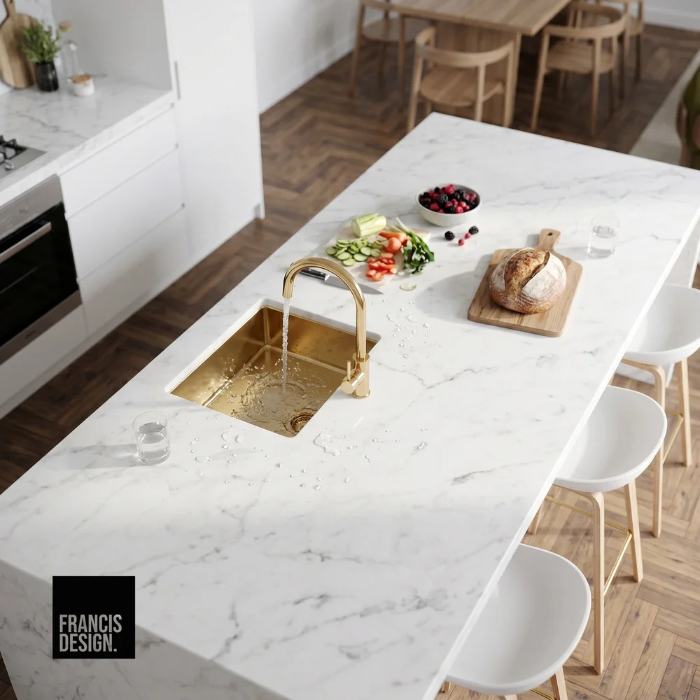 Marble-look kitchen island with brass tapware in a Francis Design duplex developed in partnership with CKS Projects