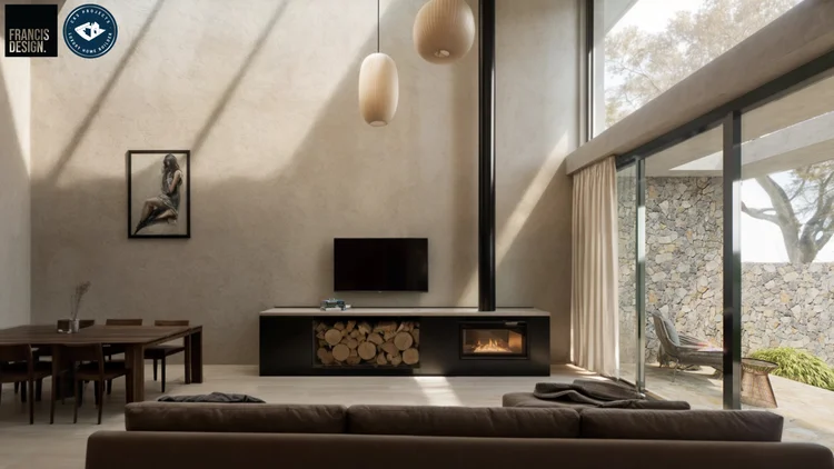 Living space with a high raked ceiling, built-in fireplace and glazing to the garden