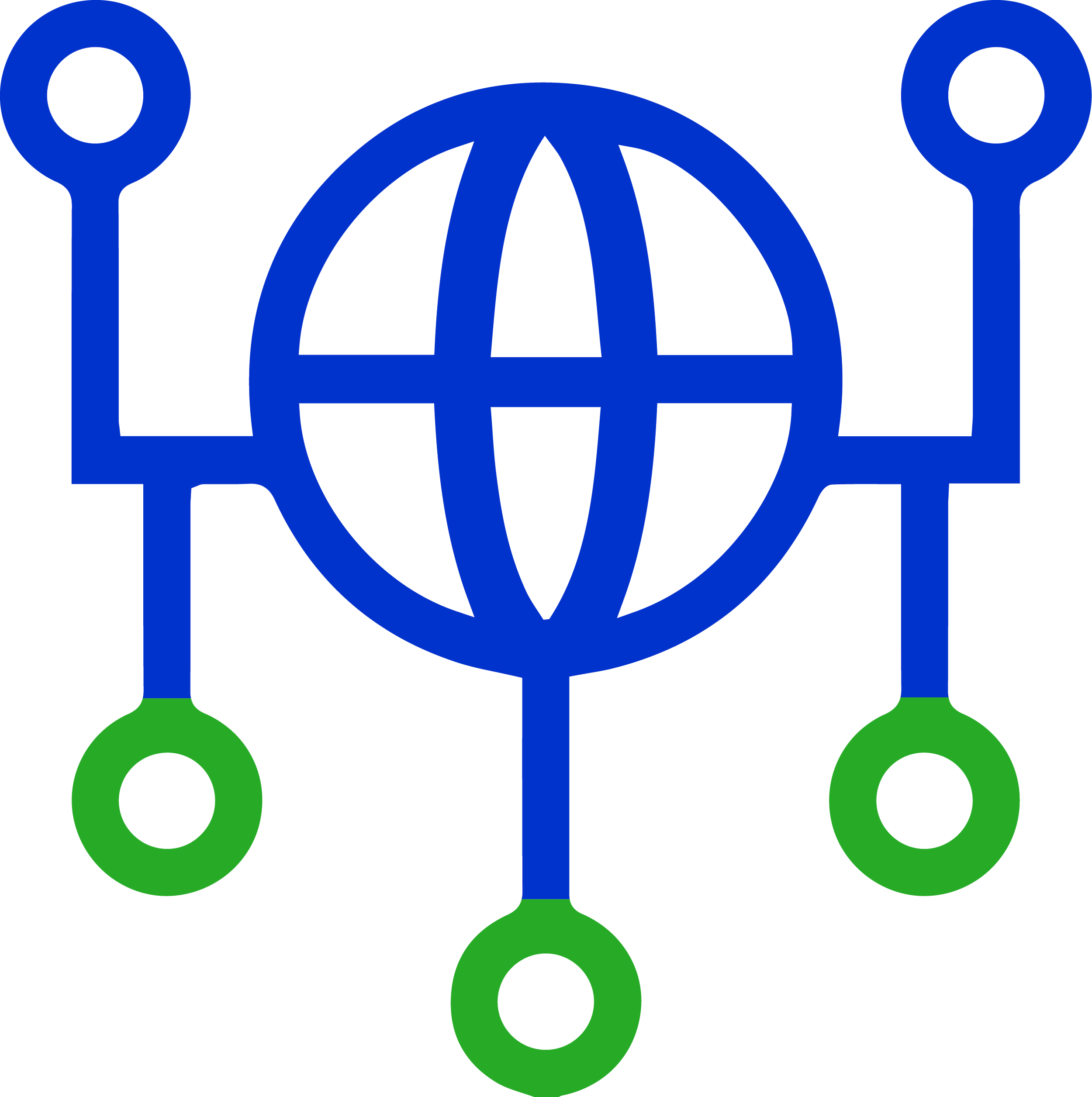 Icon of a blue globe connected to green nodes, representing global networking, connectivity, and digital communication.