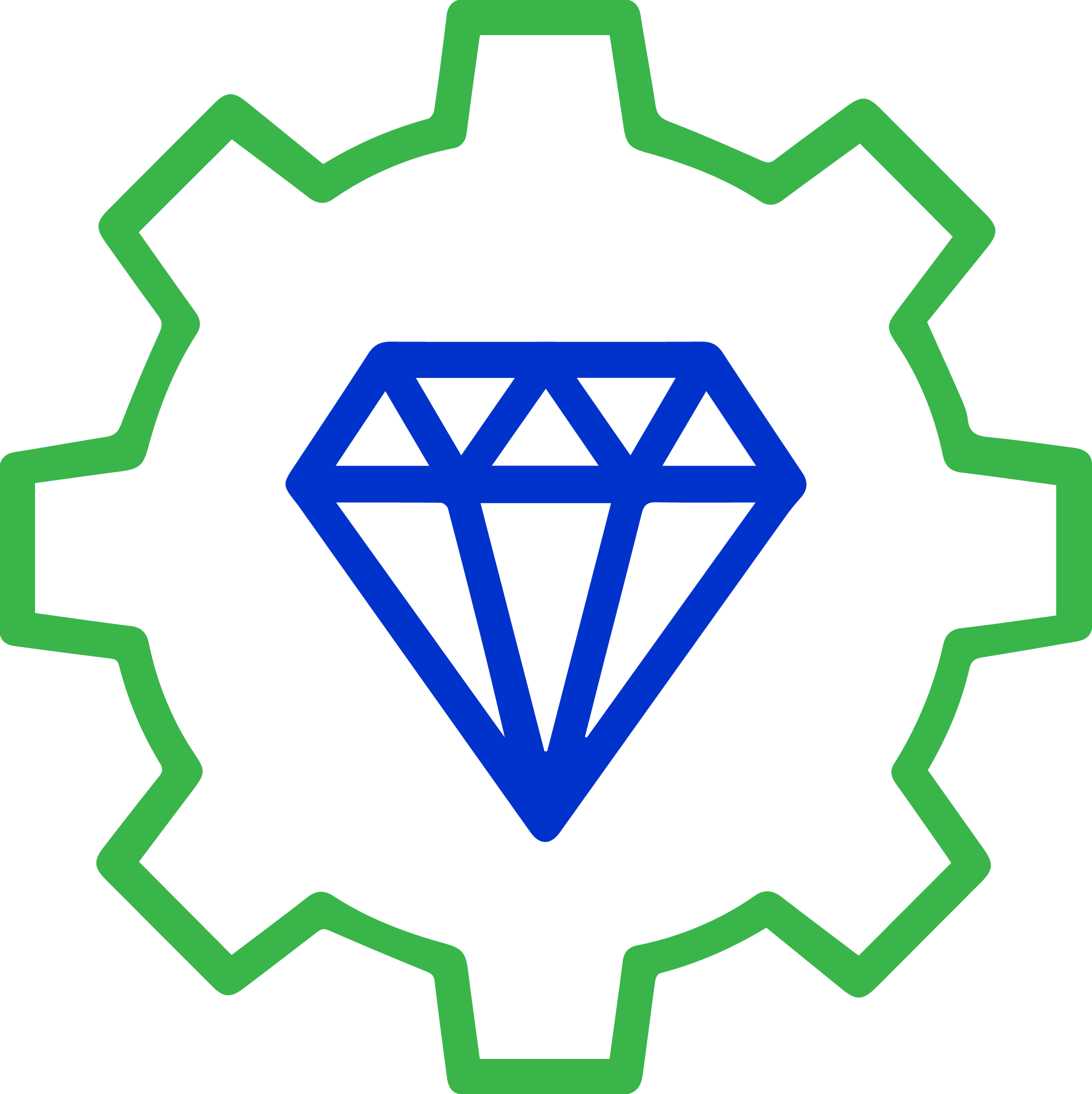 Icon of a blue diamond inside a green gear, symbolising precision, quality, and innovative engineering.