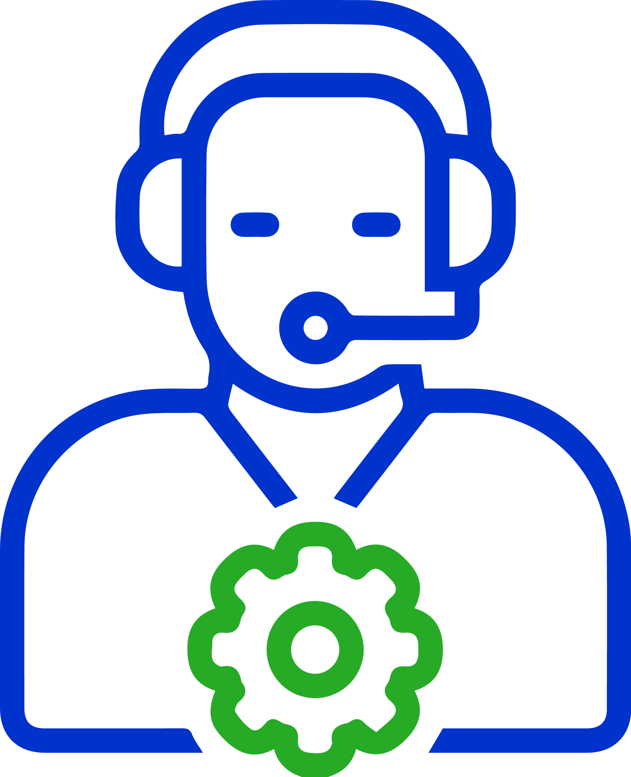 Icon of a blue customer service representative wearing a headset with a green gear symbol, representing technical support, customer service, and problem-solving.