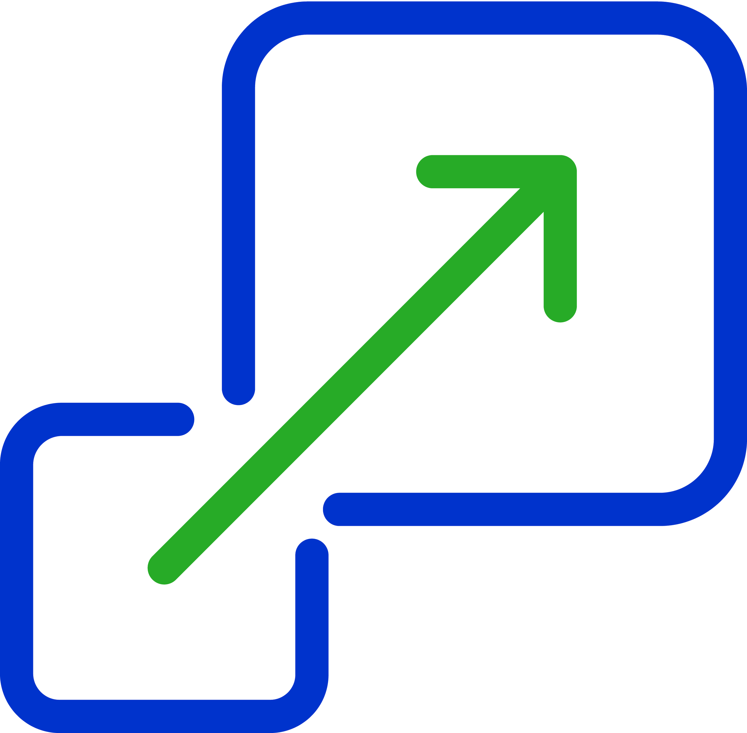 Icon of two overlapping blue rectangles with a green arrow pointing outward, symbolising scalability, growth, and expansion.
