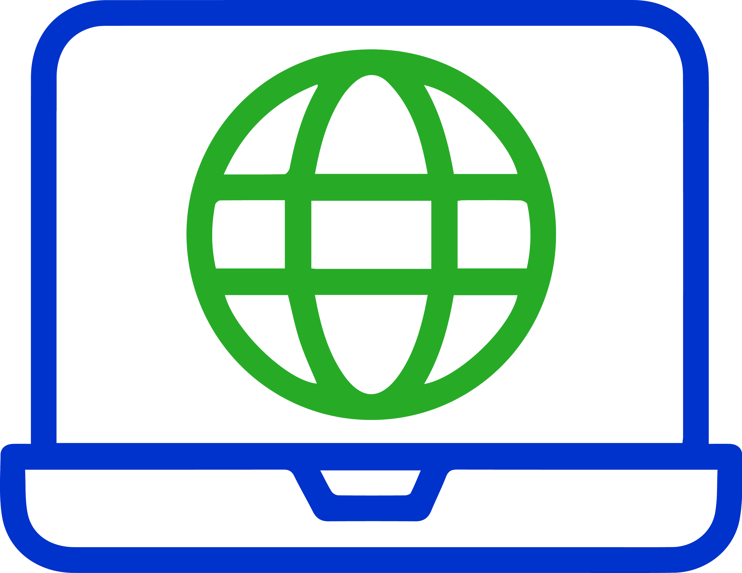 Icon of a blue laptop with a green globe on the screen, representing global access, internet connectivity, and online technology.