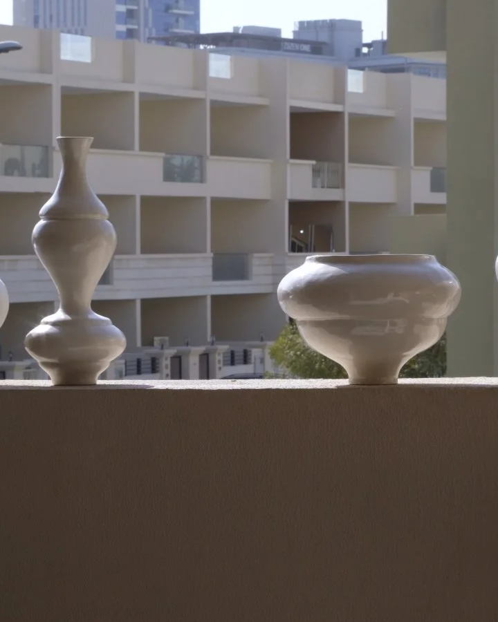 Ampla stoneware vases by SOIO Studio, photographed in an abandoned house in Dubai