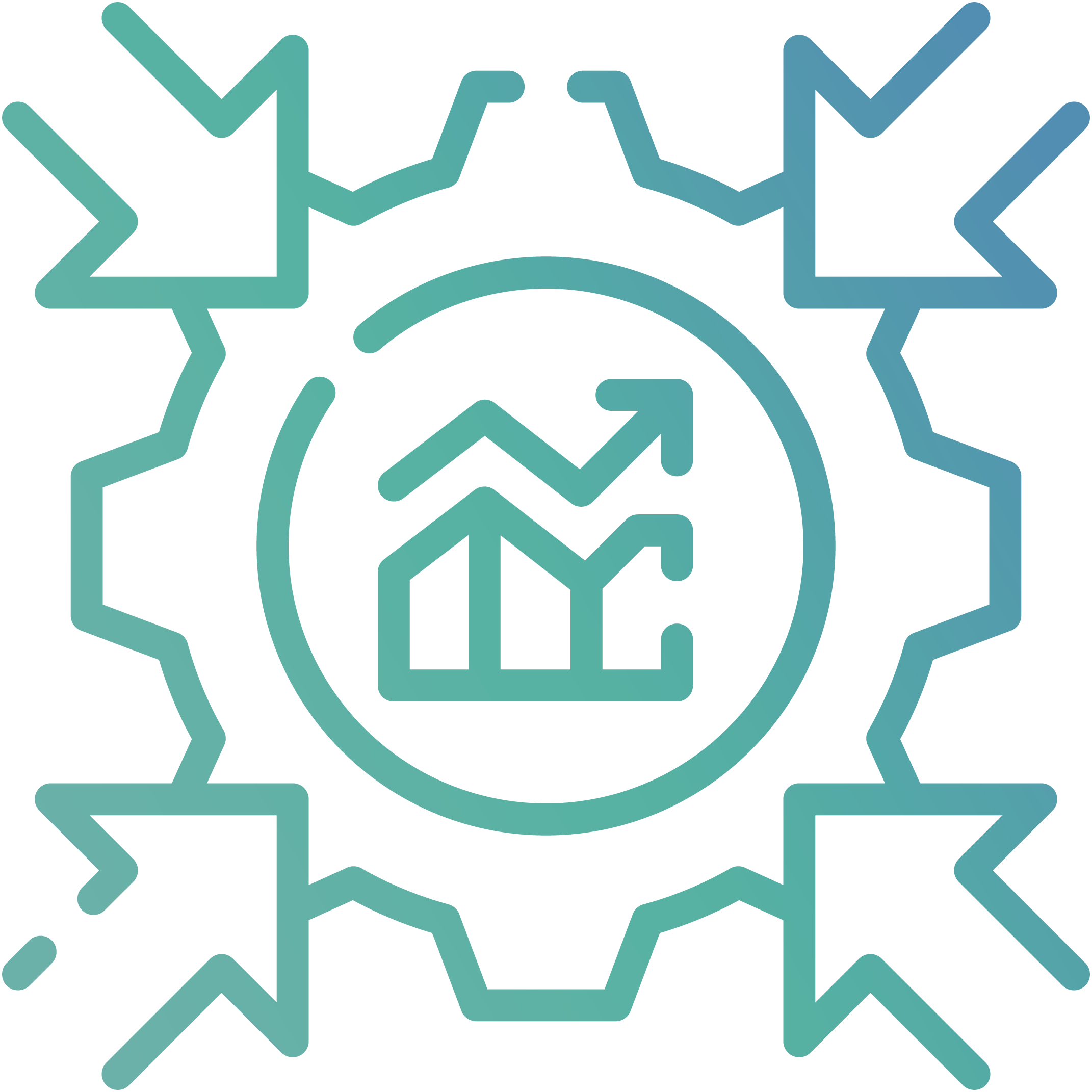 A top-down view of arrows pointing at a gear icon, with performance results going up