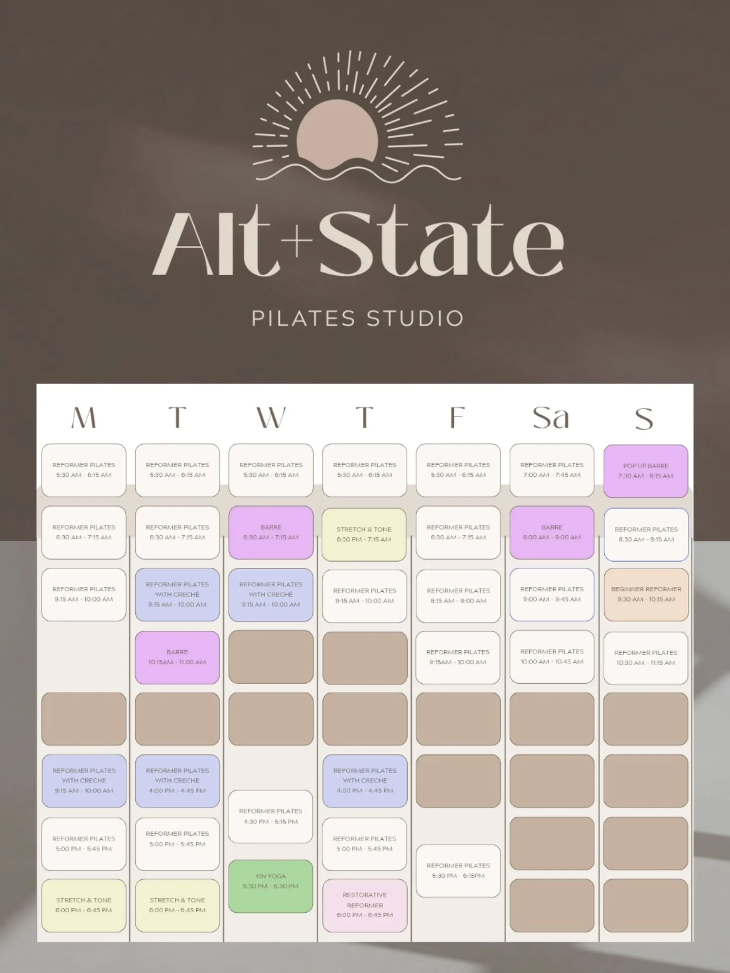 📸 Screen Shot! 
Look at this schedule 😍 Spring sees POP UP BARRE every second Sunday morning &amp; Yin Yoga back this week with the new time of 5:30pm Wednesday. 5 classes include our wonderful free creche care on site. 🤎