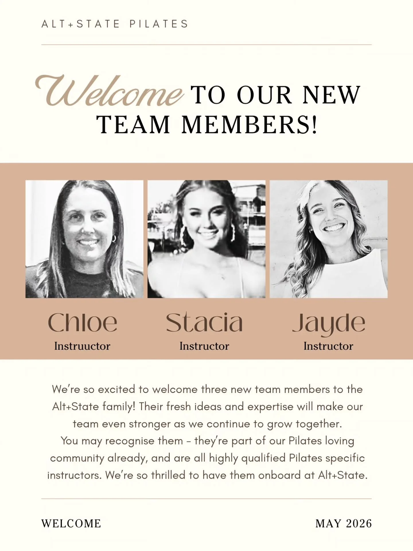 ✨ BIG NEWS ✨

We are so excited to officially welcome not one, not two&hellip; but THREE incredible Pilates professionals to our Alt+State fam 🤎

Please give the warmest welcome to Chloe, Stacia &amp; Jayde! 👏

Each of these amazing women brings th