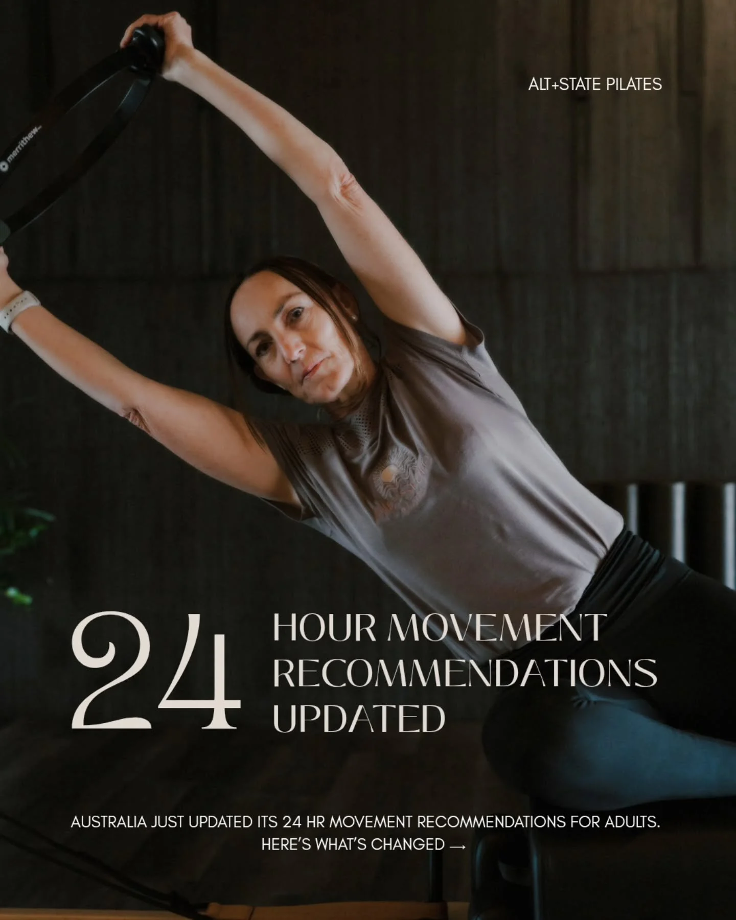 Australia's new 24 hr Movement Guidelines are worth knowing about.&nbsp;
🥳 The great news?&nbsp;
A well programmed Pilates Class - like every single one taught at Alt+State, tick several boxes at once! 🤎
For the full guidelines, visit:&nbsp;https:/