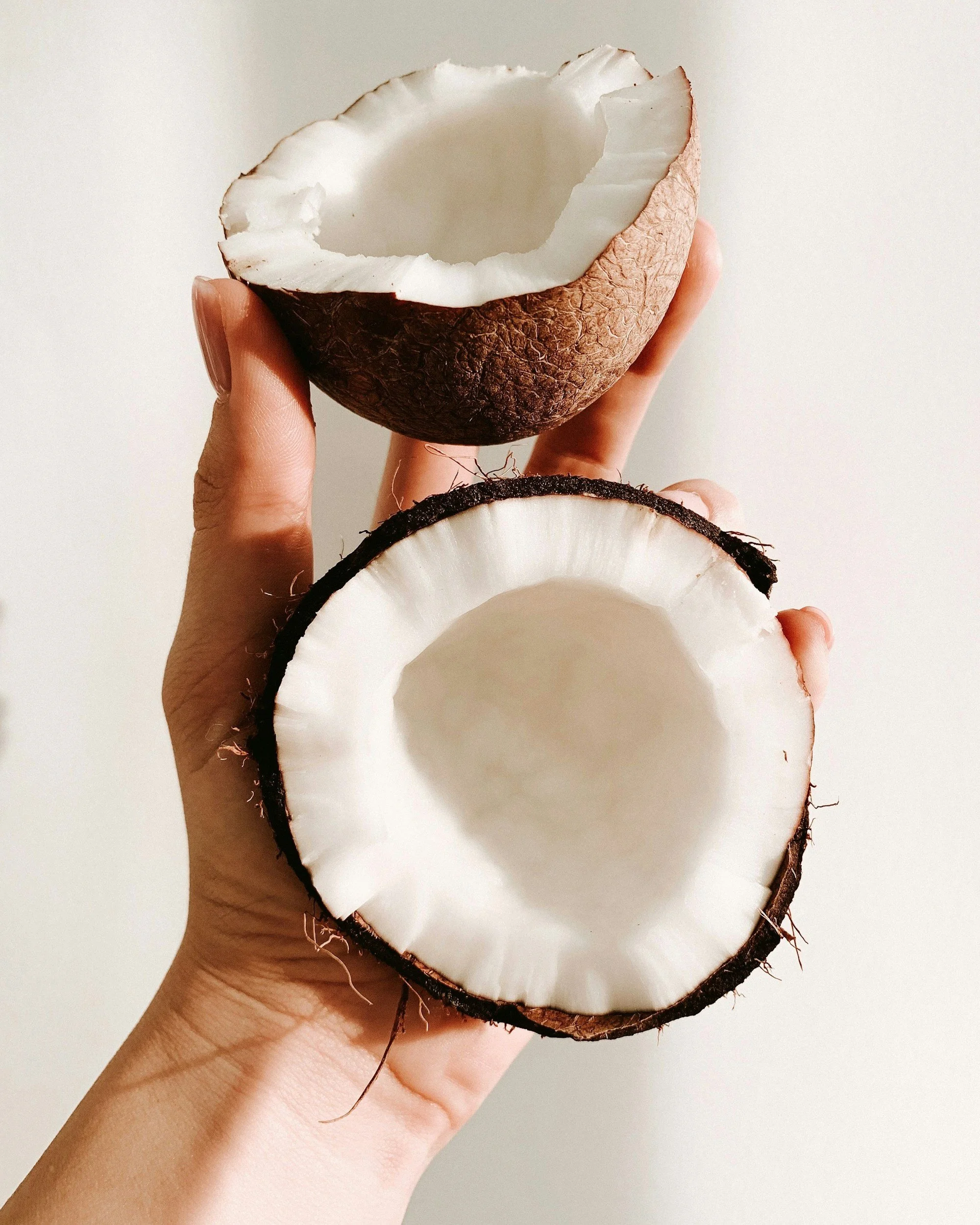 Person holding a split coconut in their hands