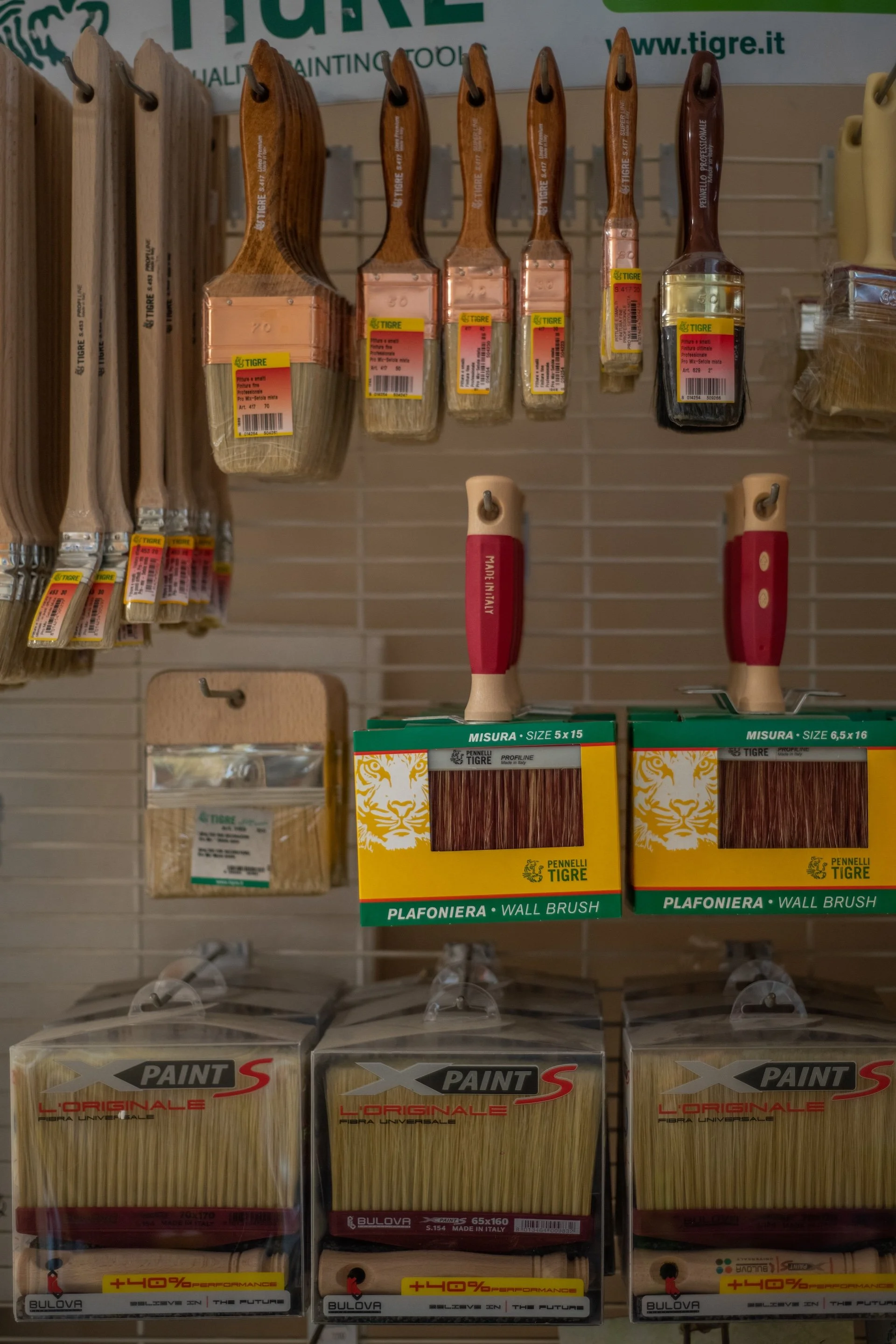 Vari pennelli e spazzole per pittura e arredamento esposti su uno scaffale.