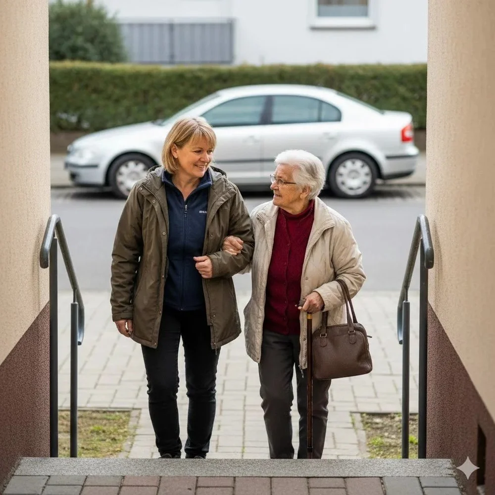 Begleiterin der Seniorenengel geht mit einer älteren Dame mit Gehstock lächelnd die Treppe vor dem Haus hinunter – Fahrdienst und Arztbegleitung in Chemnitz