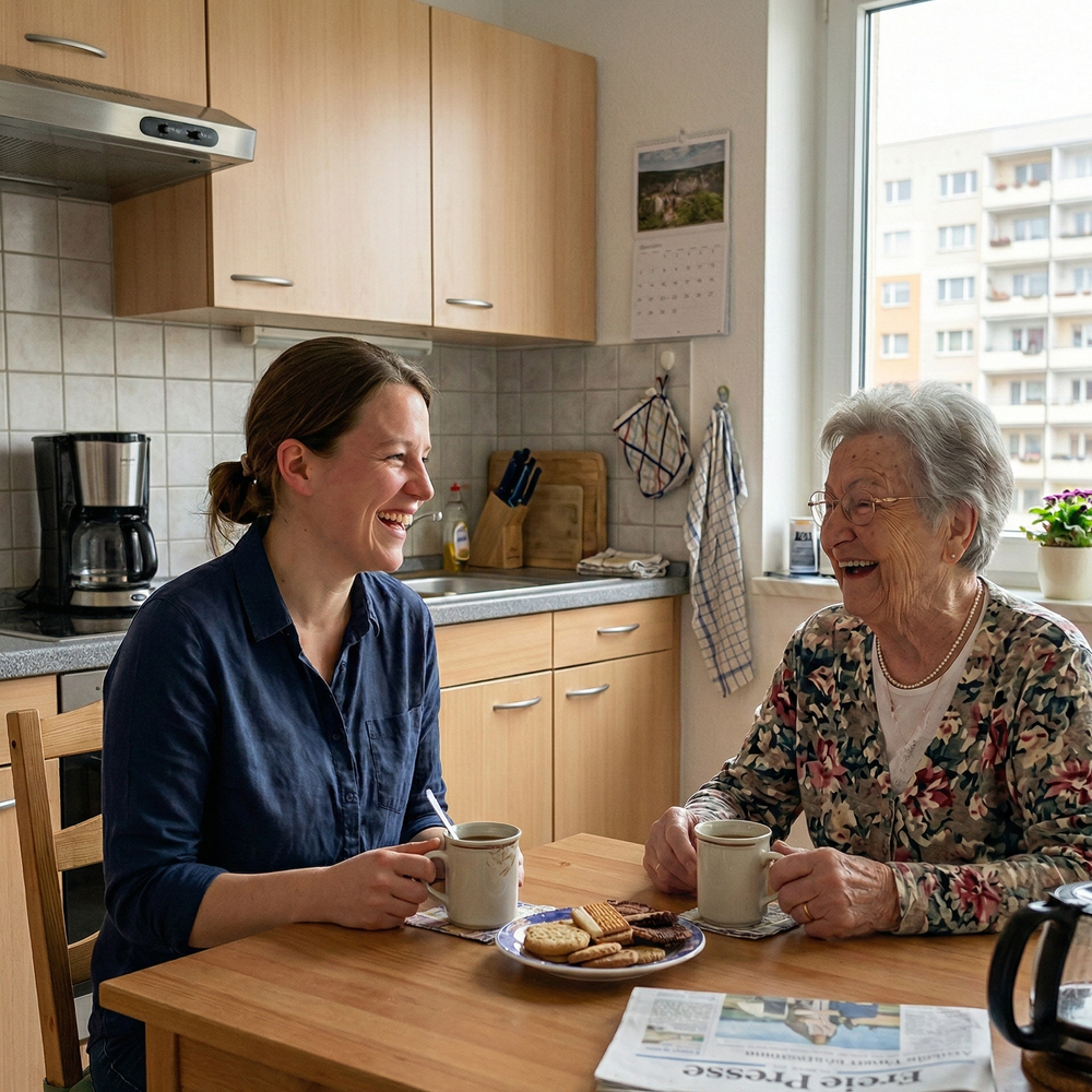 Alltagsbegleiterin der Seniorenengel und eine ältere Dame lachen gemeinsam in der Küche – Alltagsbegleitung in Chemnitz