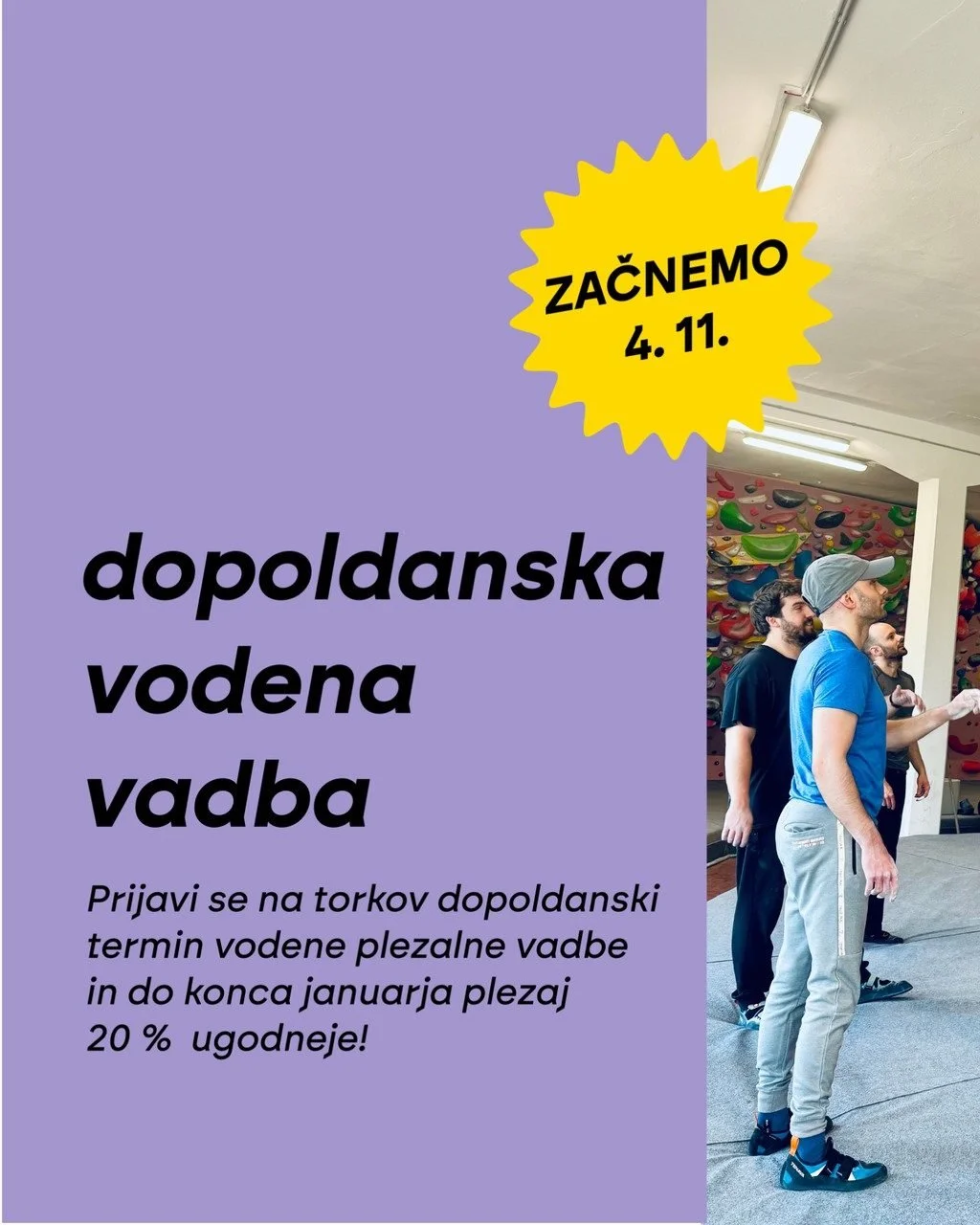 Dopoldanski termin vodene plezalne vadbe je tisto, kar potrebuje&scaron; za dober začetek dneva: motivacijo in izzive, ki te zbudijo bolje kot katerakoli kava. ☕

Pridruži se nam na dopoldanski vodeni vadbi in do konca januarja plezaj 20 % ugodneje. 
