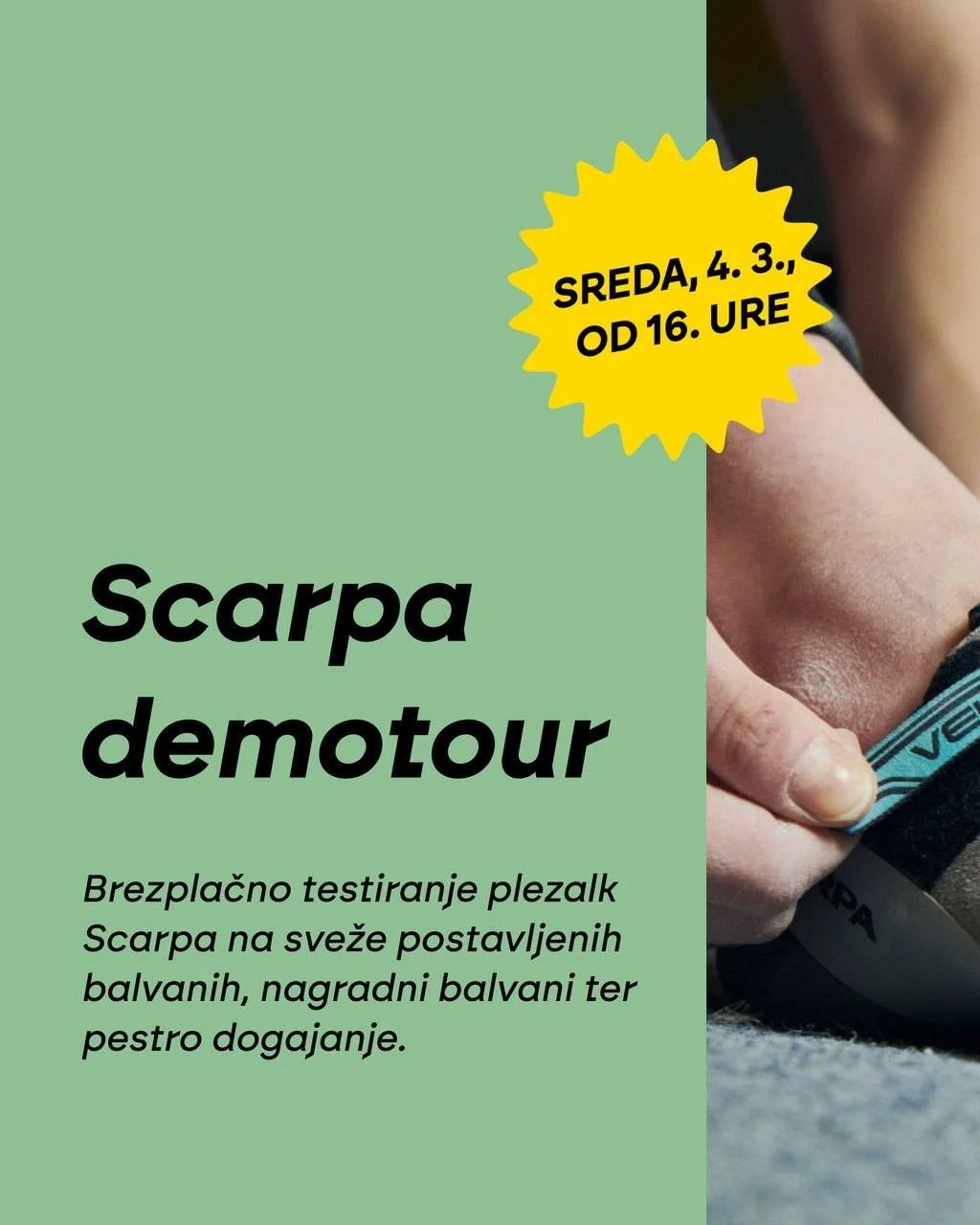 Testiranje Scarpa plezalk v Klajmberju! 💥 To je tvoja priložnost, da na sveže postavljenih balvanih preizkusi&scaron; moč najnovej&scaron;ih modelov Scarpa in si s tem prisluži&scaron; &scaron;e praktične nagrade. Poleg tega pa ne zamudi prijetnega 
