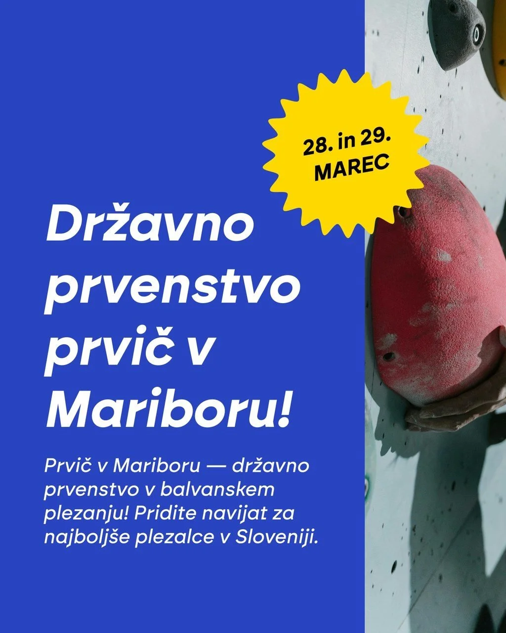 Klajmber pi&scaron;e zgodovino! 🔥 28. in 29. marca bomo v Mariboru prvič gostili državno prvenstvo v balvanskem plezanju! 🇸🇮

Vstop je prost, zato vabljeni, da si v živo ogledate in navijate za najbolj&scaron;e domače plezalce &ndash; od mladih up