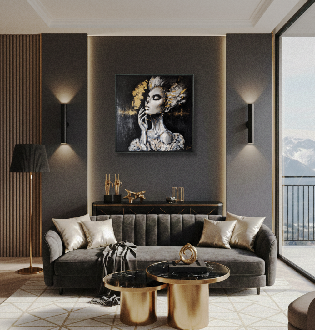 Tableau contemporain féminin Silent Scar intégré dans un intérieur moderne, art mural haut de gamme avec feuilles d’or, Medusa Divine Art