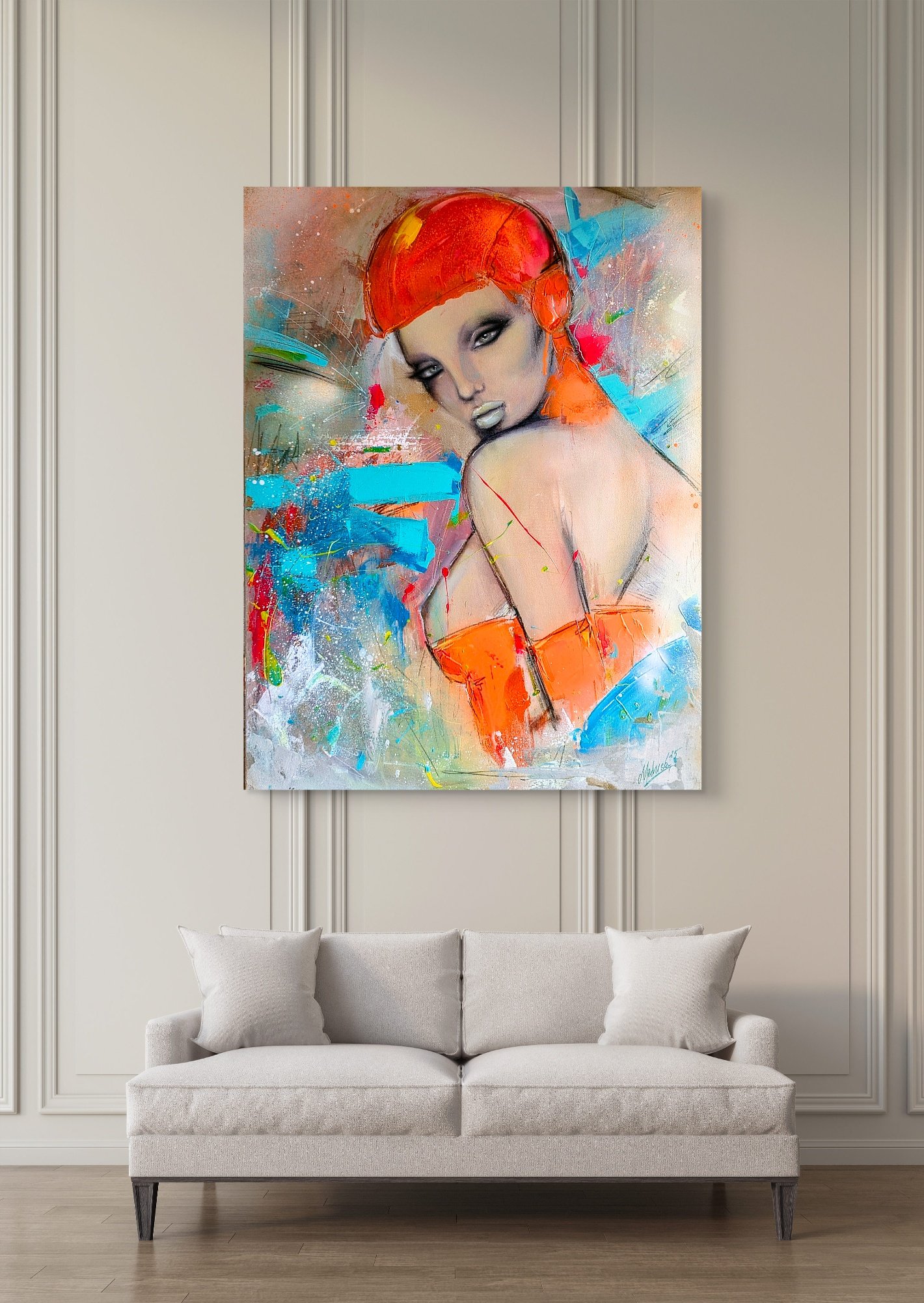 Tableau abstrait contemporain urbain de Medusa Divine Art, portrait féminin vibrant avec des couleurs électriques et des textures dynamiques.