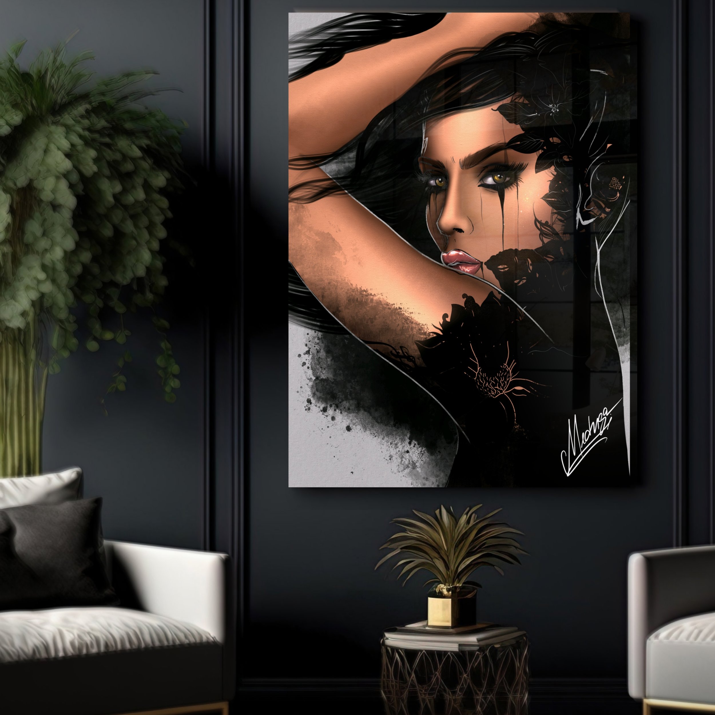 Œuvre "La Flamme Noire" par Medusa Divine Art – portrait de femme imprimé sur verre acrylique, encadré en caisse américaine noire, art contemporain et symbolique.