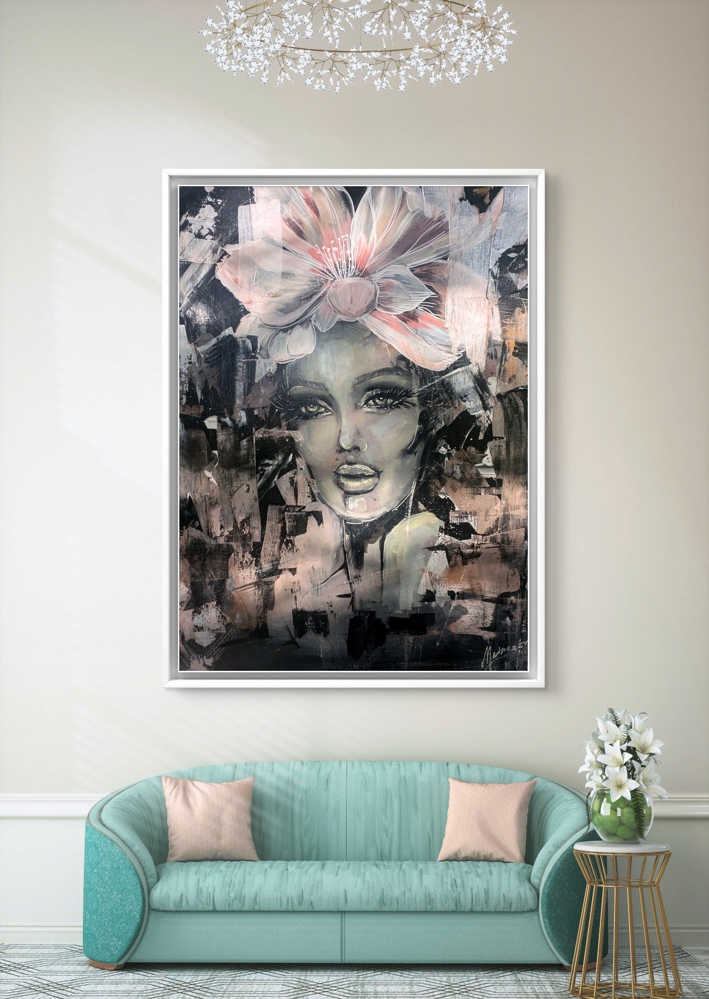 Tableau floral abstrait, portrait féminin, acrylique et techniques mixtes sur toile 60x80 cm. Décoration murale vibrante et raffinée