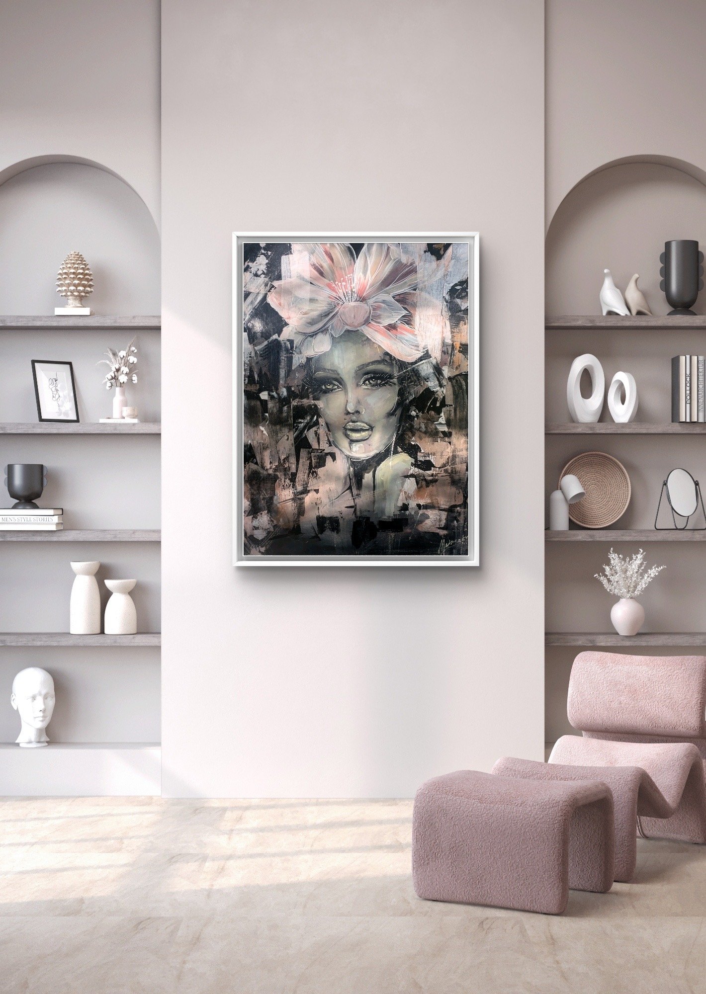 Tableau floral abstrait, portrait féminin, acrylique et techniques mixtes sur toile 60x80 cm. Décoration murale vibrante et raffinée