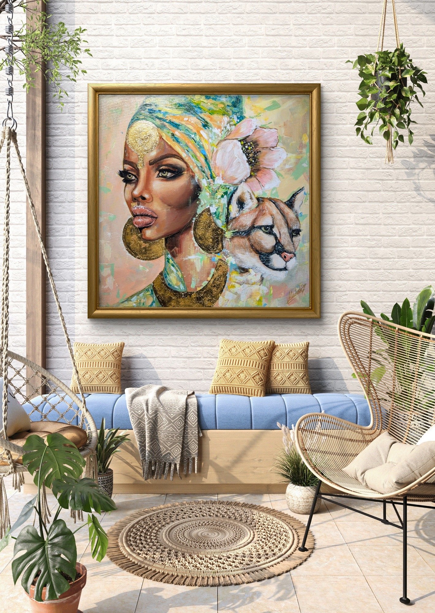 Tableau abstrait de Medusa Divine Art représentant une reine africaine avec un puma, peinture contemporaine sur toile.