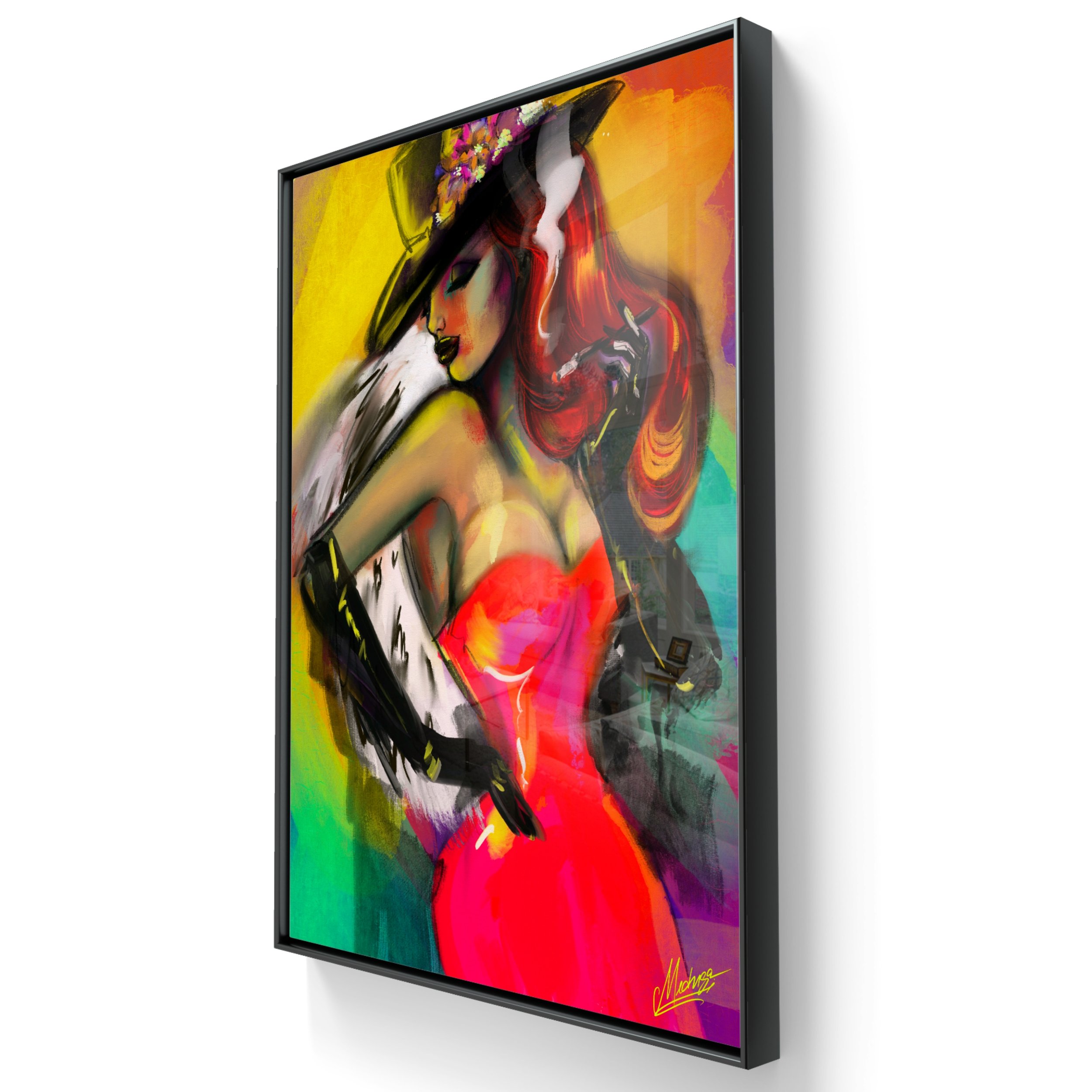 Portrait artistique glamour de femme avec cigare – œuvre d’art digital imprimée sur verre par Medusa Divine Art
