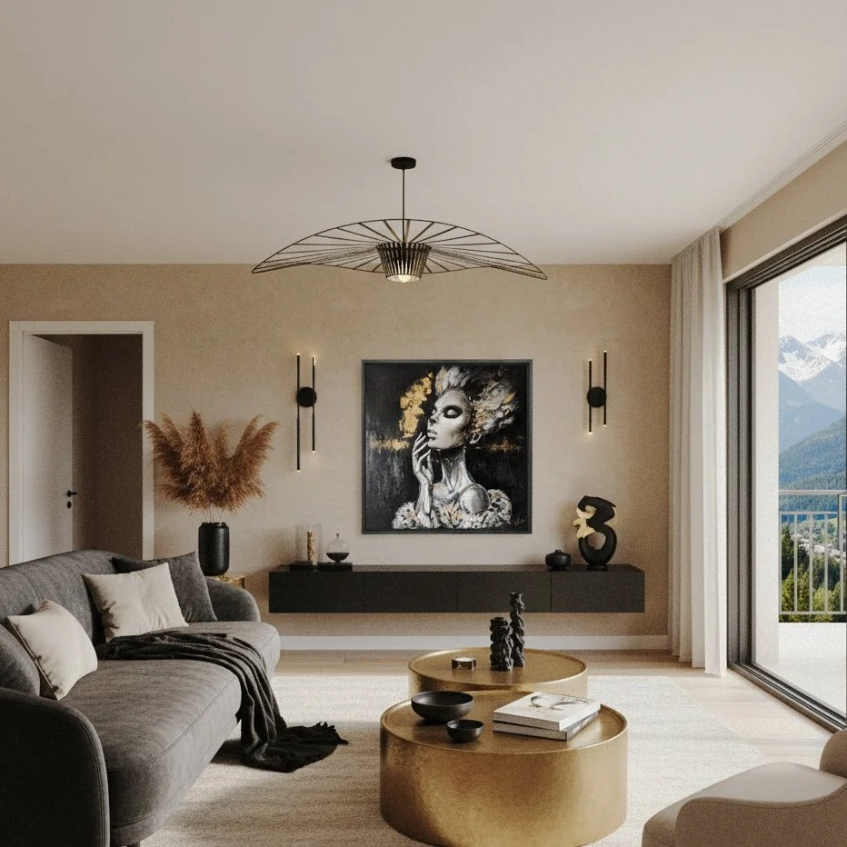 Œuvre Silent Scar exposée dans un intérieur design, peinture contemporaine féminine avec or, art de collection Medusa Divine Art